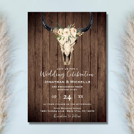 Invitación Boho Floral Cow Skull en un Boda de madera rústica