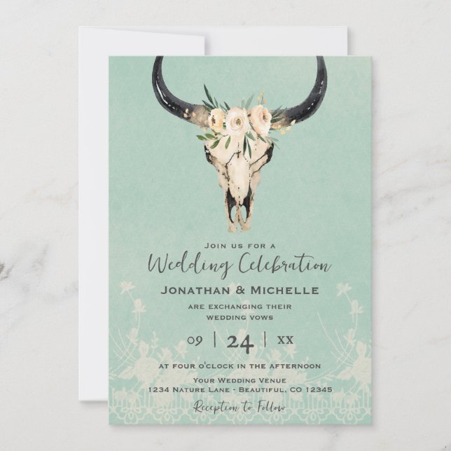 Invitación Boho Floral Cow Skull on Turquoise Boda (Anverso)