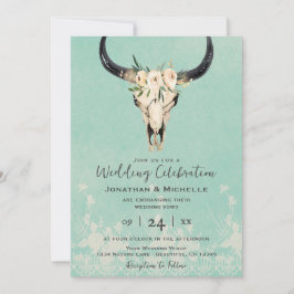 Invitación Boho Floral Cow Skull on Turquoise Boda