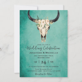 Invitación Boho Floral Cow Skull on Turquoise Boda
