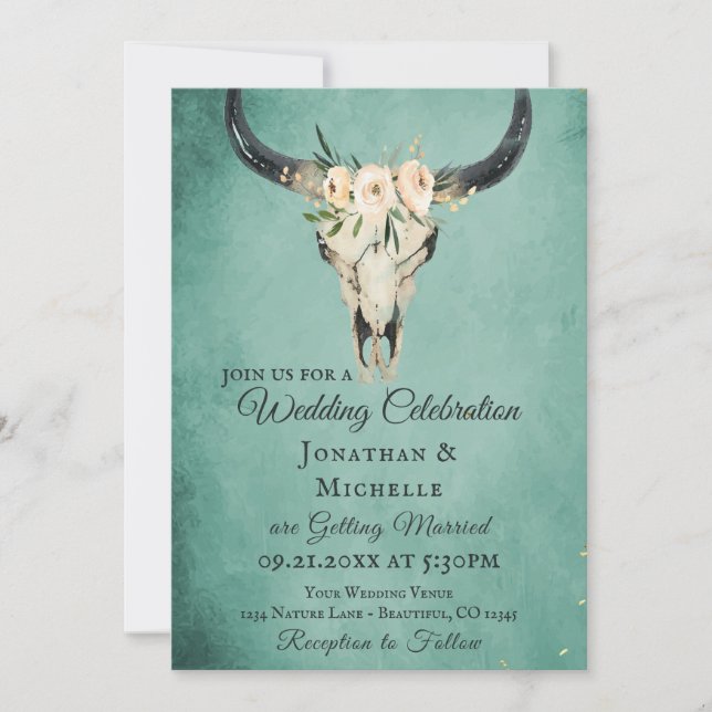 Invitación Boho Floral Cow Skull on Turquoise Boda (Anverso)