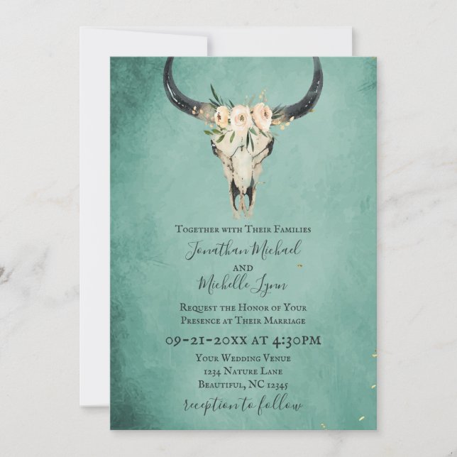 Invitación Boho Floral Cow Skull on Turquoise Boda (Anverso)