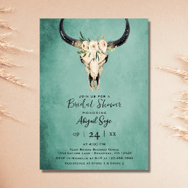 Invitación Boho Floral Cow Skull on Turquoise Bridal Shower