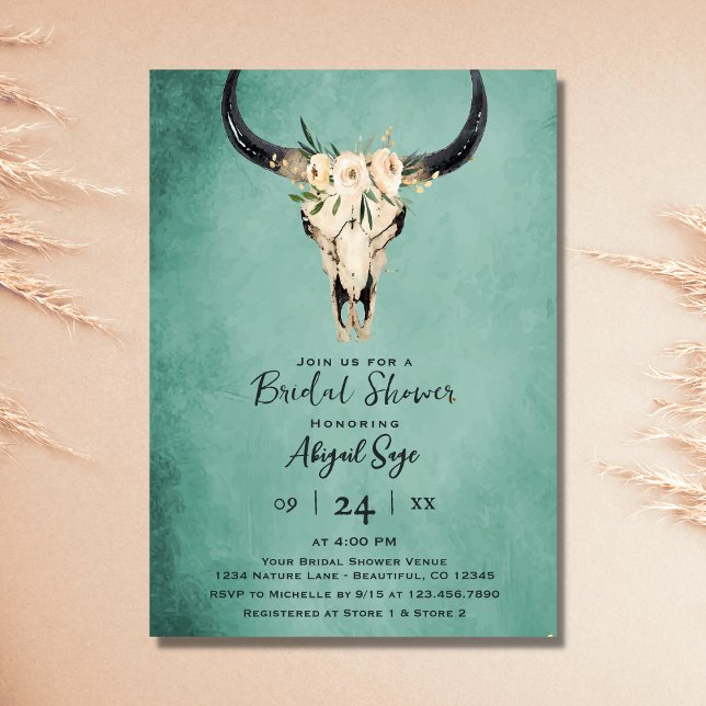 Invitación Boho Floral Cow Skull on Turquoise Bridal Shower (Subido por el creador)