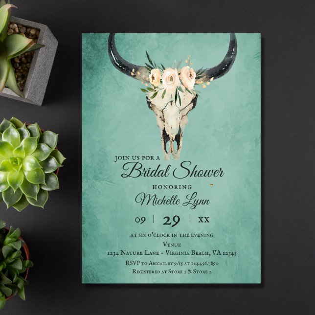 Invitación Boho Floral Cow Skull on Turquoise Bridal Shower (Subido por el creador)