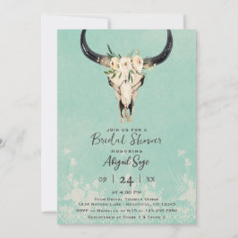 Invitación Boho Floral Cow Skull on Turquoise Bridal Shower