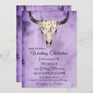 Invitación Boho Floral Cow Skull Purple All In One Boda
