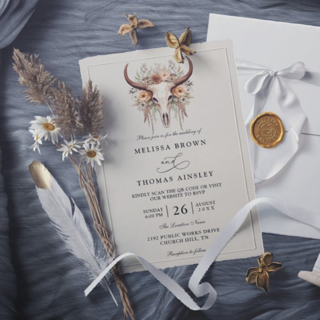 Invitación Boho Floral Cow Skull Western QR Code Wedding (Subido por el creador)