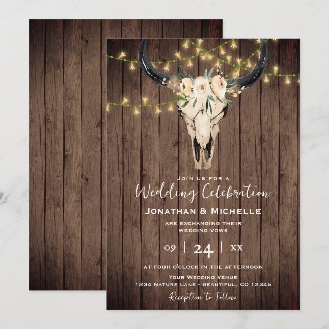 Invitación Boho Floral Cow Skull y luces en Boda de madera (Anverso / Reverso)