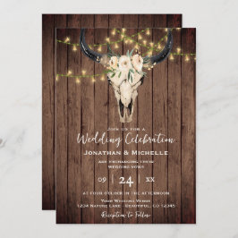 Invitación Boho Floral Cow Skull y luces en Boda de madera