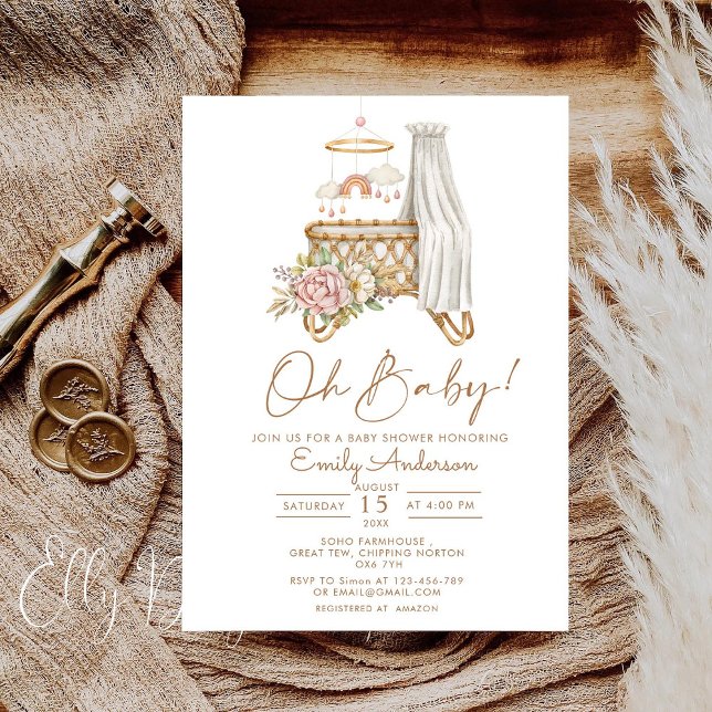 Invitación Boho Floral Crib Bassinet Nursery Baby Shower (Subido por el creador)