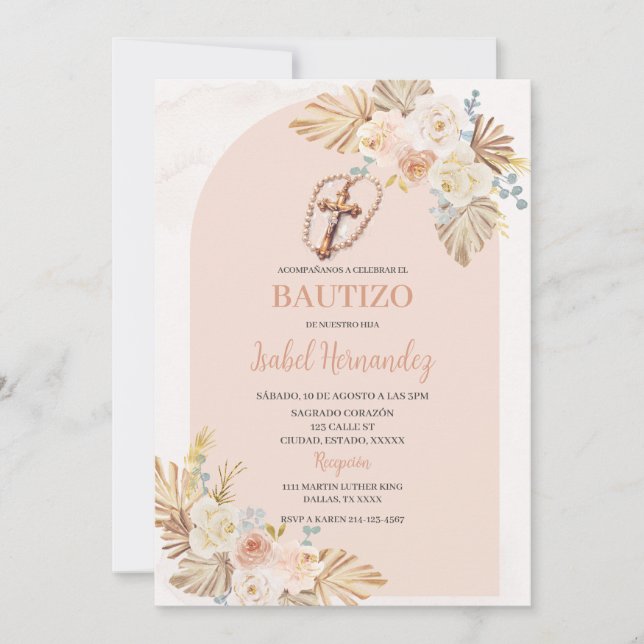 Invitación Boho Floral Crucifix Bautizo Español (Anverso)