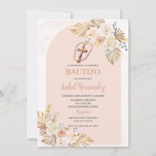 Invitación Boho Floral Crucifix Bautizo Español
