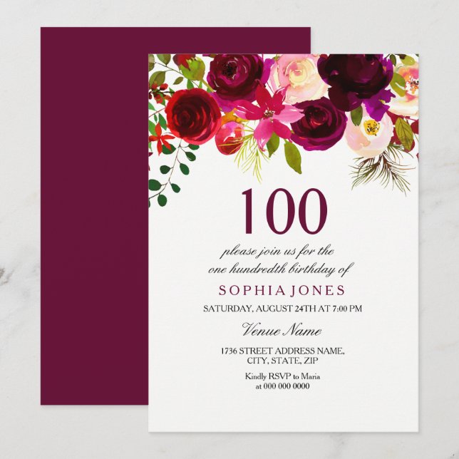 Invitación Boho floral de Borgoña Invite a fiesta de cumpleañ (Anverso / Reverso)