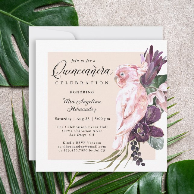 Invitación Boho Floral de loro rosa tropical Quinceanera (Subido por el creador)