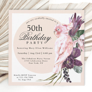 Invitación Boho Floral de loro rosado tropical 50 cumpleaños