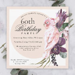 Invitación Boho Floral de loro rosado tropical 60 cumpleaños<br><div class="desc">Planee una memorable celebración de cumpleaños número 60 (o cualquier otra edad) con un magnífico tema tropical boho que sea tan femenino! Esta singular invitación cuadrada tiene un exótico loro rosa sentado en lo alto de un ramo de flores tropicales exuberantes que incluyen protea violeta y orquídeas con viñas y...</div>