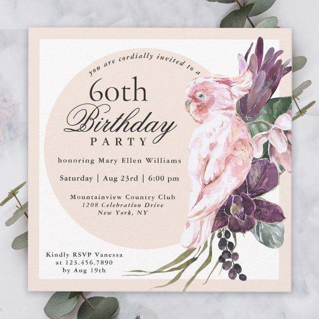 Invitación Boho Floral de loro rosado tropical 60 cumpleaños (Subido por el creador)