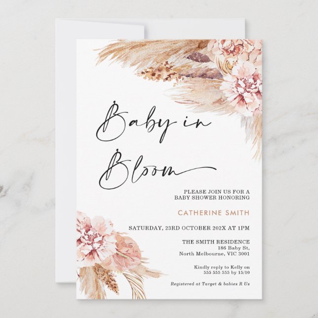 Invitación Boho floral de Rubor Pampas bebé de hierba en flor (Anverso)