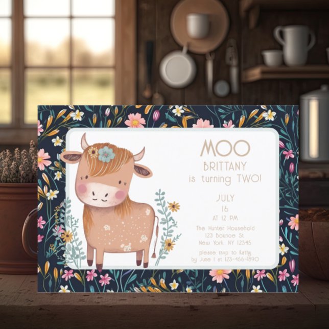 Invitación Boho Floral de vaca segundo cumpleaños (Subido por el creador)