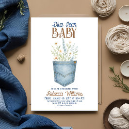 Invitación Boho Floral Denim Boy Blue Jean Baby Shower