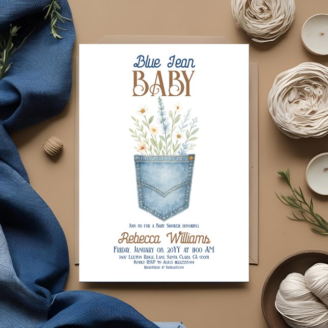 Invitación Boho Floral Denim Boy Blue Jean Baby Shower (Subido por el creador)