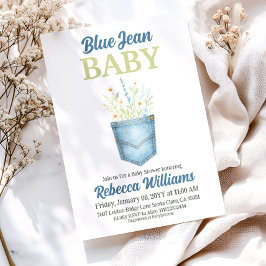 Invitación Boho Floral Denim Pocket Blue Jean Baby Shower