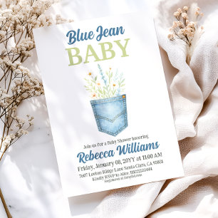 Invitación Boho Floral Denim Pocket Blue Jean Baby Shower