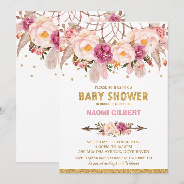 Invitación Boho Floral Dream Catcher Baby Shower Chica (Anverso / Reverso)