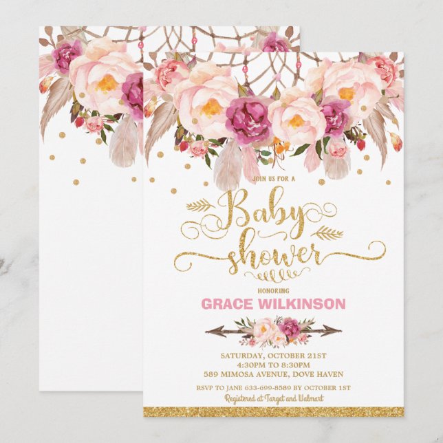 Invitación Boho Floral Dream Catcher Chica de Baby Shower (Anverso / Reverso)