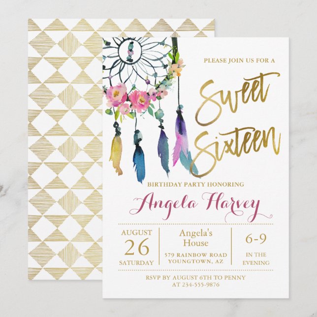 Invitación Boho Floral Dream Catcher Gold Sweet 16 Cumpleaños (Anverso / Reverso)
