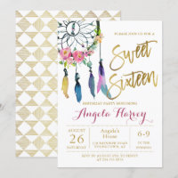 Boho Floral Dream Catcher Gold Sweet 16 Cumpleaños