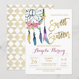 Invitación Boho Floral Dream Catcher Gold Sweet 16 Cumpleaños