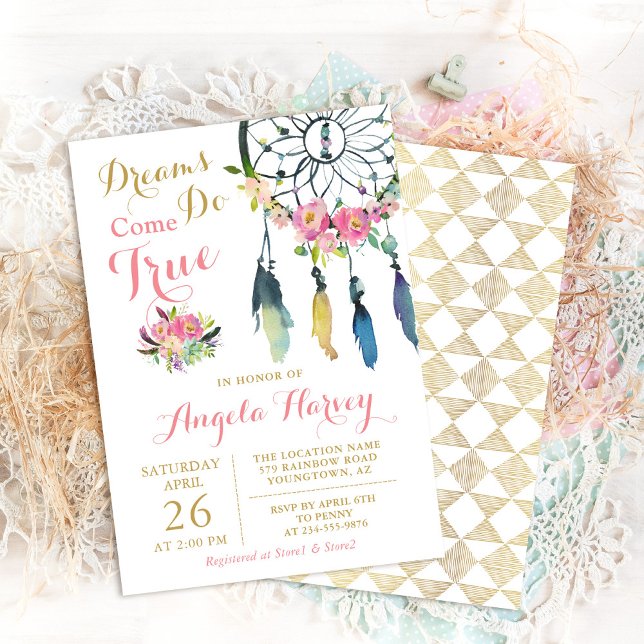 Invitación Boho Floral Dream Catcher Pink & Gold Baby Shower (Subido por el creador)