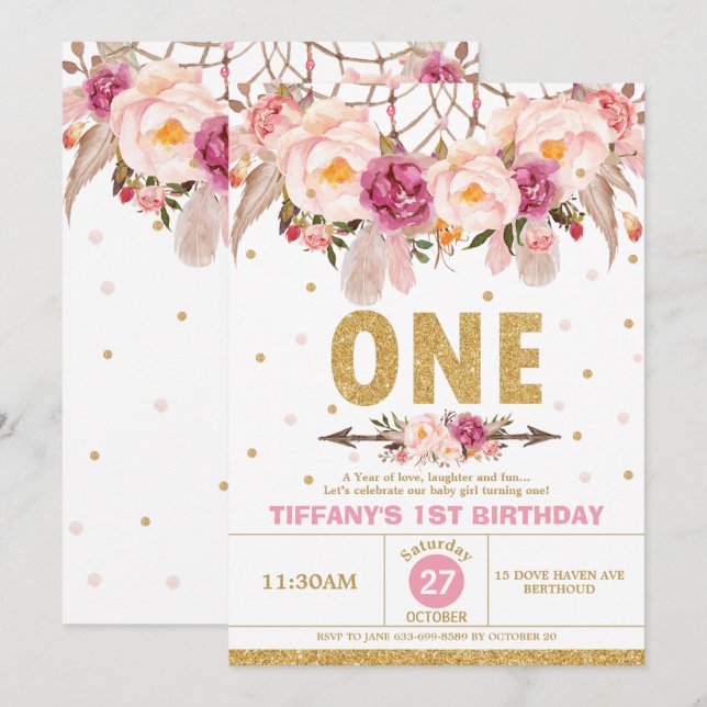 Invitación Boho Floral Dream Catcher Primer Chica tribal de c (Anverso / Reverso)
