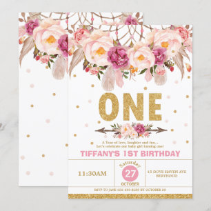 Invitación Boho Floral Dream Catcher Primer Chica tribal de c