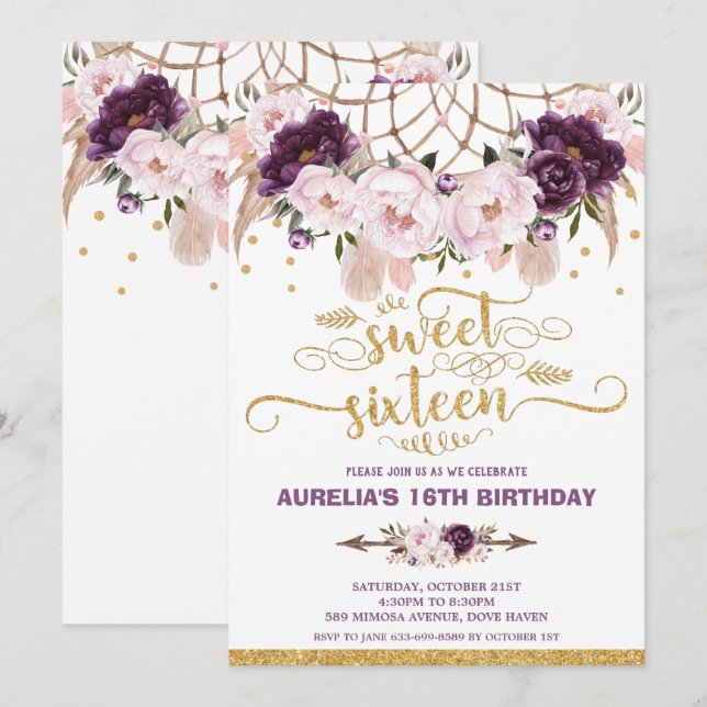 Invitación Boho Floral Dream Catcher Sweet 16th Birthday (Anverso / Reverso)