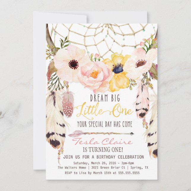Invitación Boho Floral Dreamcatcher Tribal Primer Cumpleaños (Anverso)