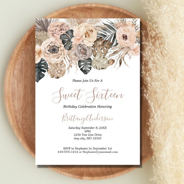 Invitación Boho Floral Dulce Botánico Dieciséis 16 Cumpleaños (Blush Pink White Gray Brown Boho Floral Botanical Sweet Sixteen Birthday Invitation)