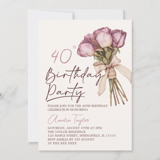Invitación Boho Floral Elegante 40 Cumpleaños  (Anverso)