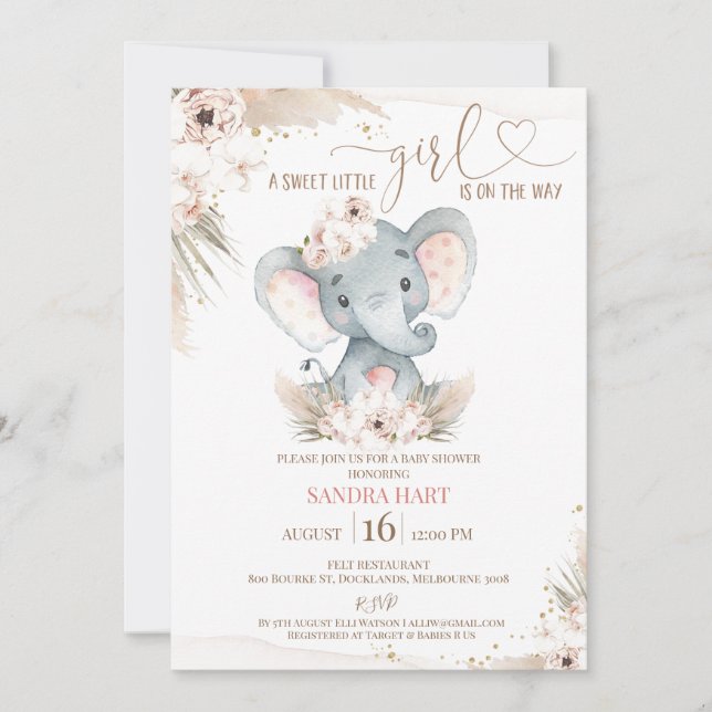 Invitación Boho Floral Elephant Baby Girl Baby Shower (Anverso)