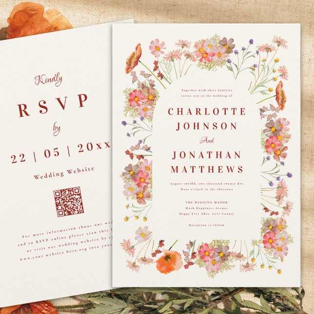 Invitación Boho Floral Fall Wedding (Boho dried flowers rustic fall wedding invitation burnt orange script wedding website qr code)