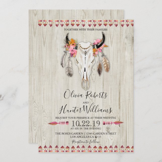 Invitación Boho Floral Feather Antlers Cow Skull Wood Boda (Anverso / Reverso)