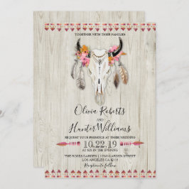 Invitación Boho Floral Feather Antlers Cow Skull Wood Boda