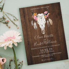 Invitación Boho Floral Feather Antlers Cow Skull Wood Boda