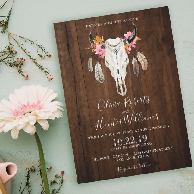 Invitación Boho Floral Feather Antlers Cow Skull Wood Boda (Subido por el creador)
