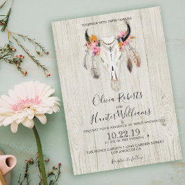 Invitación Boho Floral Feather Antlers Skull Wood Boda