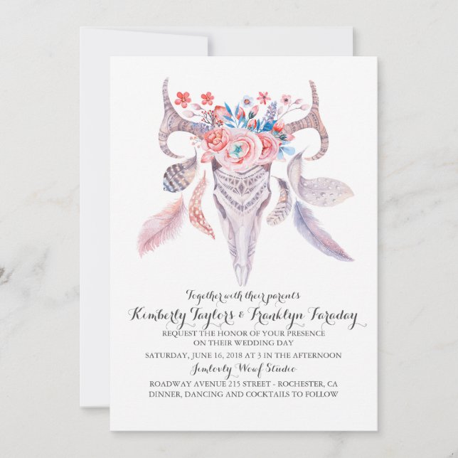 Invitación Boho Floral Feathers Deer Antlers Boda (Anverso)