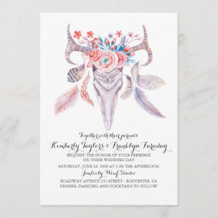 Invitación Boho Floral Feathers Deer Antlers Boda