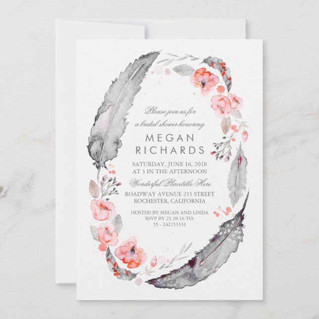Invitación Boho Floral Feathers Vintage Bridal Shower (Anverso)